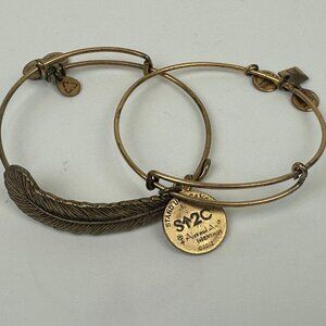 2 - Alex And Ani Gold Finish Bangle Bracelet Quill Feather & Stand Up To Cancer